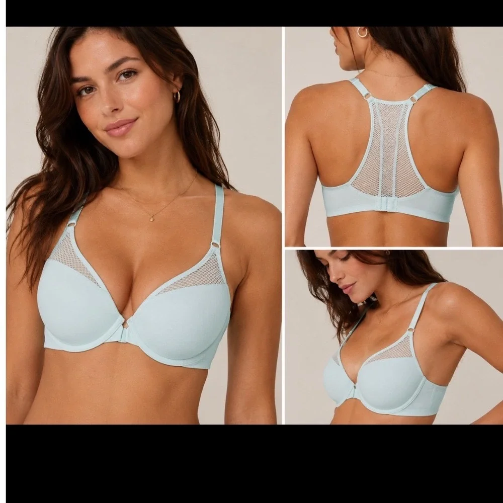 Victorias Secret Mint Green T-Shirt‎ Push-Up Bra Front Close Mesh Racerback 34DD